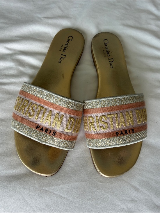 Dior Shoes - Dior Gold and Pink Embroidered Slide Sandals